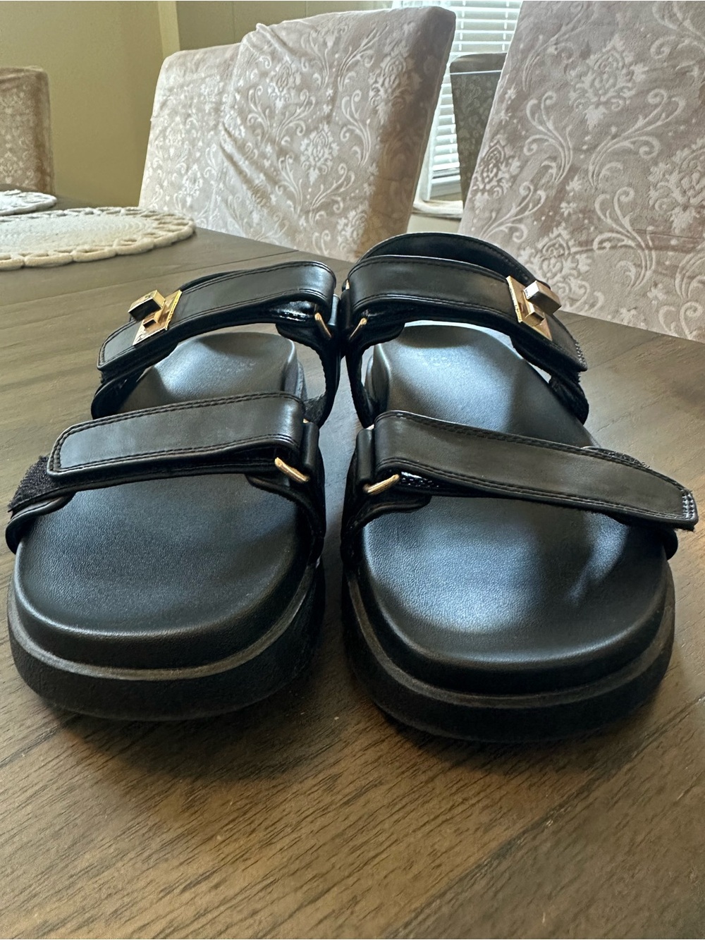 a new day Black Double-Strap Slide Sandals with Gold Accents
